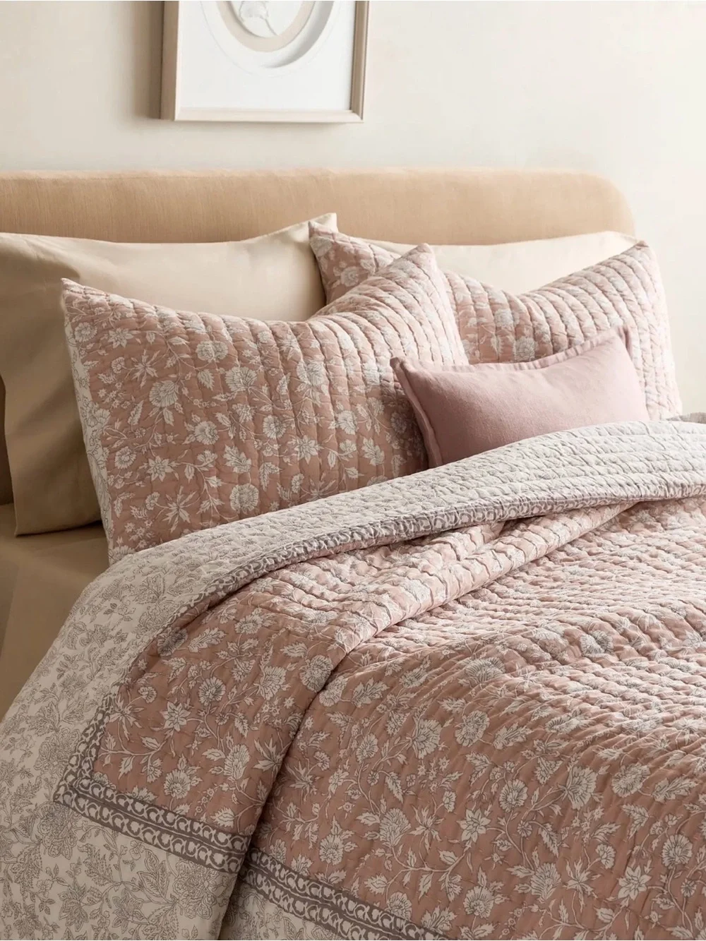 Quince 100% Organic Cotton Block Print Quilt in Rose Full/Queen 1318
